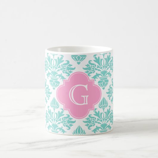 Lg Aqua Floral Damask #3 Roze Quatrefoil Monogram Koffiemok (Center)