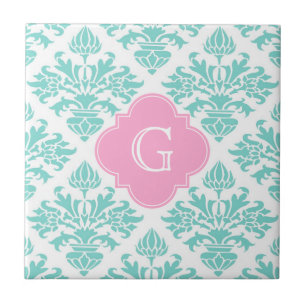 Lg Aqua Floral Damask #3 Roze Quatrefoil Monogram Tegeltje
