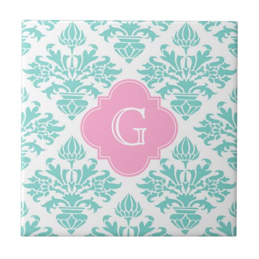 Lg Aqua Floral Damask #3 Roze Quatrefoil Monogram Tegeltje (Voorkant)