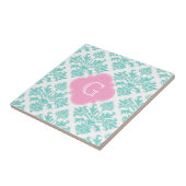 Lg Aqua Floral Damask #3 Roze Quatrefoil Monogram Tegeltje (Zijkant)
