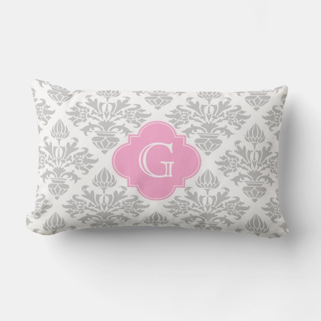 Lg Grijs Wit Bloemendamask #3 Roze Monogramlabel Kussen (Voorkant)