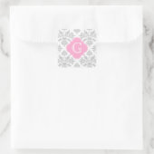 Lg Grijze Floral Damask #3 Roze monogram Etiket (Tas)