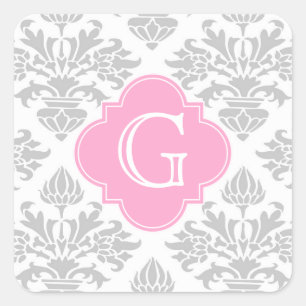 Lg Grijze Floral Damask #3 Roze monogram Etiket
