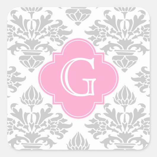 Lg Grijze Floral Damask #3 Roze monogram Etiket (Voorkant)