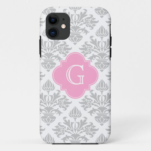 Lg Grijze Floral Damask #3 Roze monogram Etiket Case-Mate iPhone Case (Achterkant)