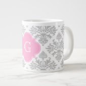 Lg Grijze Floral Damask #3 Roze monogram Etiket Grote Koffiekop (Voorkant rechts)
