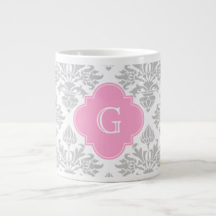 Lg Grijze Floral Damask #3 Roze monogram Etiket Grote Koffiekop