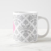 Lg Grijze Floral Damask #3 Roze monogram Etiket Grote Koffiekop (Rechts)