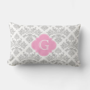 Lg Grijze Floral Damask #3 Roze monogram Etiket Kussen