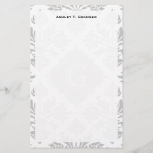 Lg Grijze witte Floral Damask #3 Grijs Monogram Et Briefpapier