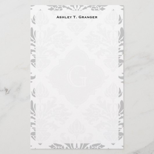 Lg Grijze witte Floral Damask #3 Grijs Monogram Et Briefpapier (Voorkant)