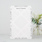 Lg Grijze witte Floral Damask #3 Grijs Monogram Et Briefpapier (Staand voorkant)