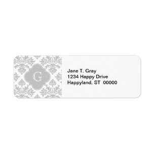 Lg Grijze witte Floral Damask #3 Grijs Monogram Et Etiket