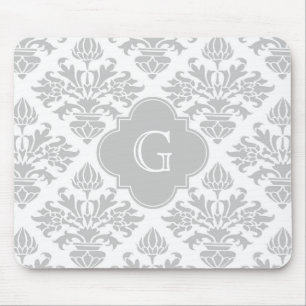 Lg Grijze witte Floral Damask #3 Grijs Monogram Et Muismat