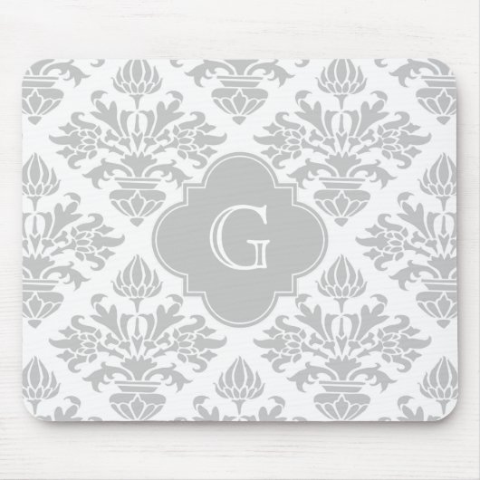 Lg Grijze witte Floral Damask #3 Grijs Monogram Et Muismat (Voorkant)