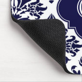 Lg Navy Blu Wht Damask #3 Navy Quatrefoil Monogram Muismat (Hoek)