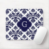 Lg Navy Blu Wht Damask #3 Navy Quatrefoil Monogram Muismat (Met muis)