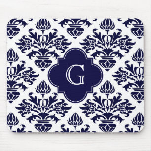 Lg Navy Blu Wht Damask #3 Navy Quatrefoil Monogram Muismat