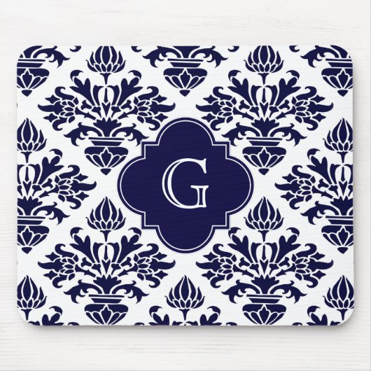 Lg Navy Blu Wht Damask #3 Navy Quatrefoil Monogram Muismat (Voorkant)