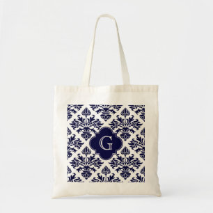Lg Navy Blu Wht Damask #3 Navy Quatrefoil Monogram Tote Bag