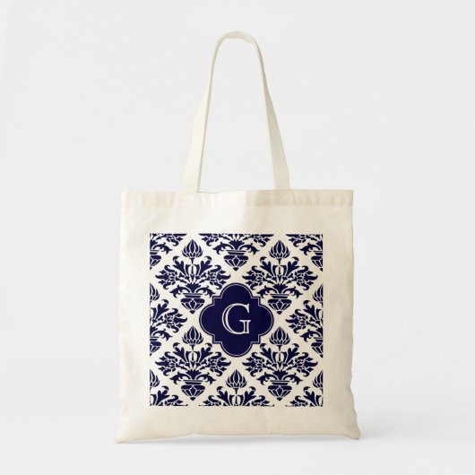 Lg Navy Blw Wht Damast #3 Navy Vierblad Monogram Tote Bag (Voorkant)
