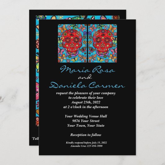 LGBT bruiloft uitnodiging Sugar Skull & Butterflie (Voorkant / Achterkant)