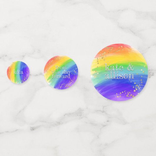LGBT Bruiloft Waterverf Rainbow & Gold Sparkle Confetti (Achterkanten)
