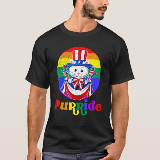 Lgbt Cat Purride Rainbow Flag American Flag Lgbtq T-shirt (Voorkant)