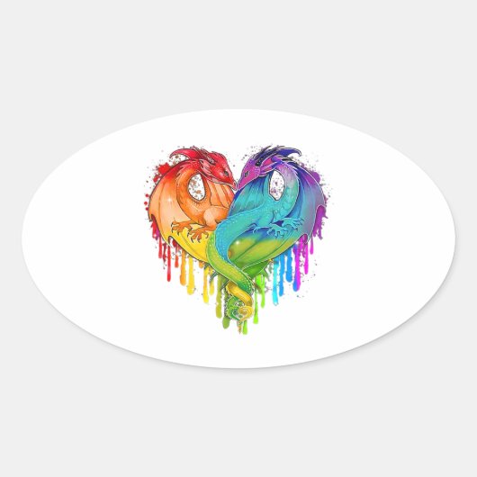 Lgbt Dragon Heart Rainbow Heart Dragon Lgbt Pride Ovale Sticker (Voorkant)