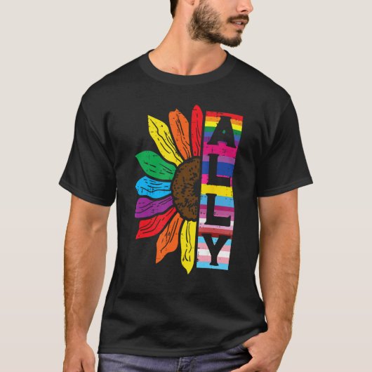 Lgbt Gay Ally Sunflower Rainbow Pride Flag Men Wom T-shirt (Voorkant)