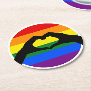 LGBT Gay Pride Rainbow en Heart Hand Silhouette Ronde Kartonnen Onderzetter