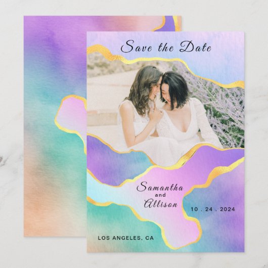 LGBT Gold Rainbow Weddenfoto Save the Date Kaart (Voorkant / Achterkant)