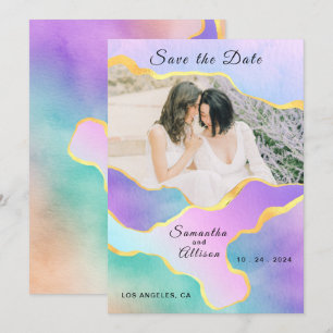 LGBT Gold Rainbow Weddenfoto Save the Date Kaart