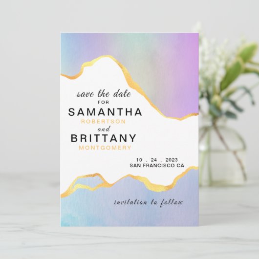 LGBT Gouden Regenboog Aquarel Trouw Save the Date Kaart (Staand voorkant)