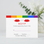 LGBT Lesbian Lips Rainbow Wedding RSVP Kaartje (Staand voorkant)
