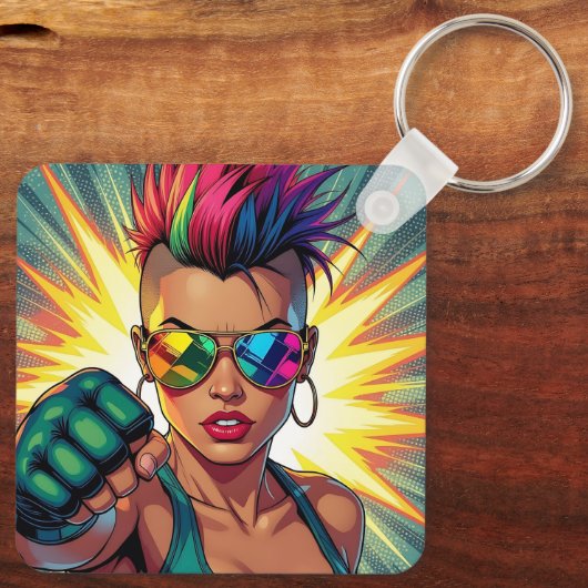 LGBT Lesbische Mohawk Uppercut Pop Art Sleutelhanger (Achterkant)