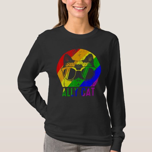 LGBT Pride Ally Kat Regenboog Vlag Gay Lesbisch Su T-shirt (Voorkant)