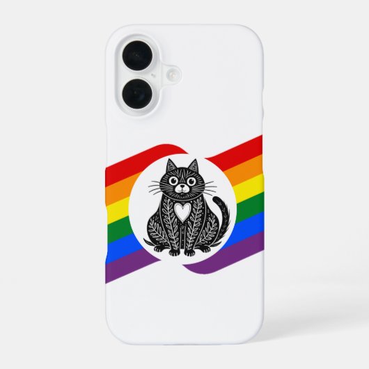 LGBT Pride Black & White Folk Art Kat iPhone Case 16 Hoesje (Achterkant)
