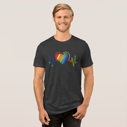 LGBT Pride Gay Lesbisch Moderne Regenboog Hartslag Tri-Blend Shirt (Voorkant volledig)