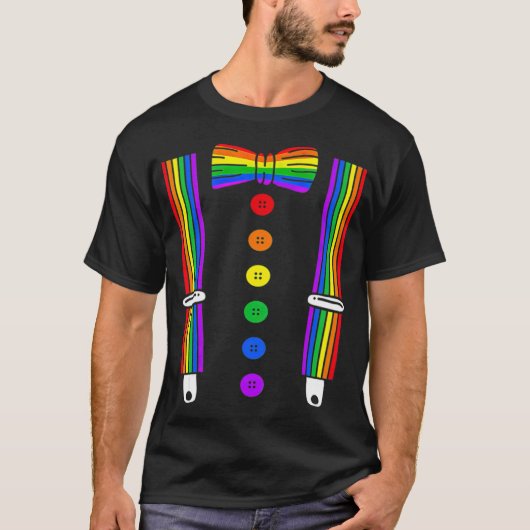 LGBT Pride Gay Rainbow Tuxedo Suspenders T-standa T-shirt (Voorkant)