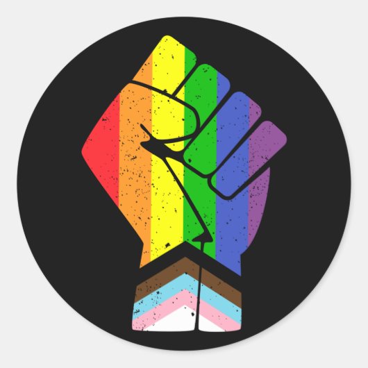 LGBT Pride (Progress) vlag met opgeheven vuist Ronde Sticker (Voorkant)