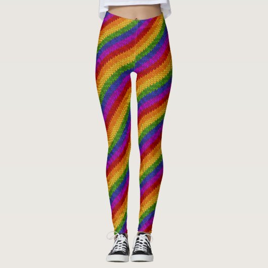 LGBT Pride Regenboog Kleur Strips Breien Patroon Leggings (Voorkant)