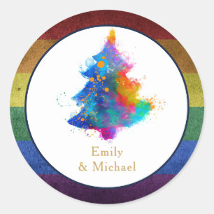 LGBT Rainbow Christmas Tree Event gepersonaliseerd Ronde Sticker