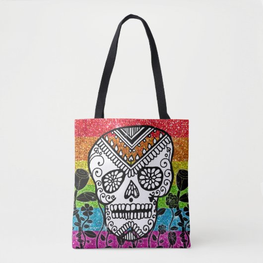 LGBT Rainbow Glitter Sugar Skull Black Flower Tote Bag (Voorkant)