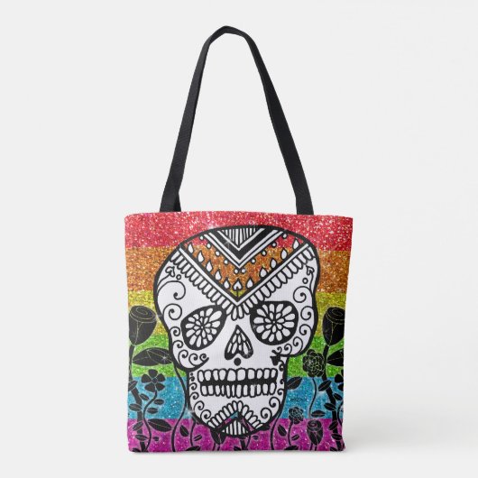 LGBT Rainbow Glitter Sugar Skull Black Flower Tote Bag (Achterkant)