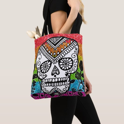 LGBT Rainbow Glitter Sugar Skull Black Flower Tote Bag (Dichtbij)