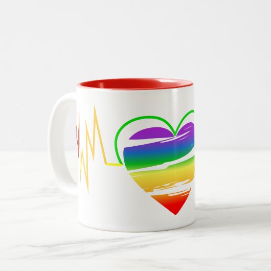 LGBT Rainbow Heart Line Tweekleurige Koffiemok (Voorkant links)