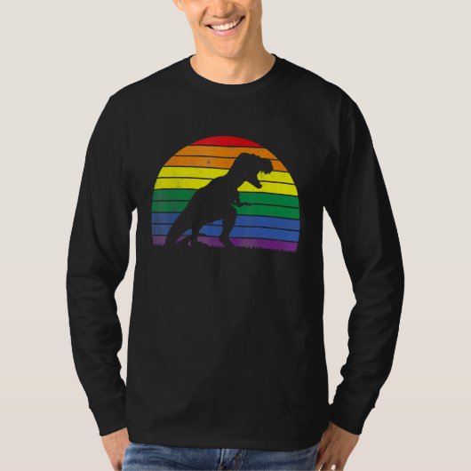 LGBT Rex Gay Pride Lesbian Dinosaur Sunset Retro V T-shirt (Voorkant)