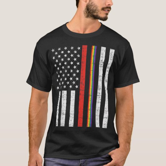 LGBT Thin Red Line Rainbow America Flag Gay Firefi T-shirt (Voorkant)