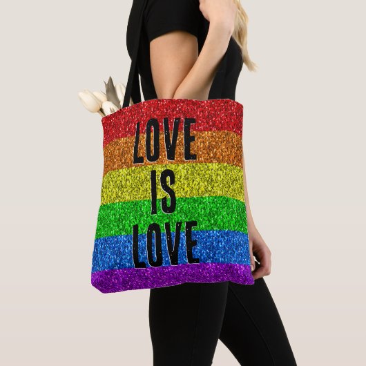 LGBT vlag levendige Sparkle Love tekst aanpassen Tote Bag (Dichtbij)